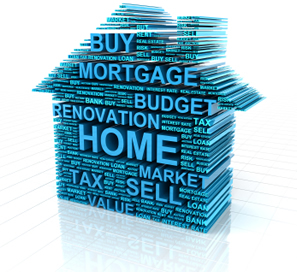 Image of a house containing key words like home, renovation, budget, mortgage, buy, sell, tax